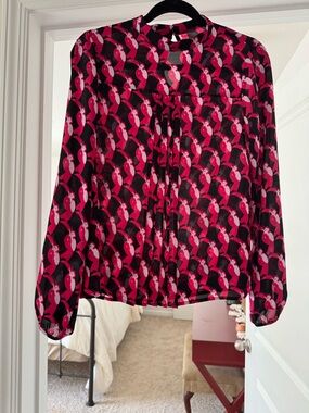 Avec Les Filles Anthropologie Women's Pink & Black Printed Long-Sleeve Blouse